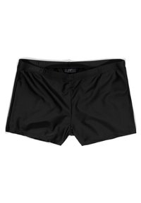 Schwarze Badehosen aus glattem, elastischem Material. Sie verfügen über ein schlichtes Design mit einem elastischen Bund; keine sichtbaren Beschläge oder Muster.