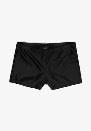 Čierne plavky vyrobené z hladkého a elastického materiálu. Majú jednoduchý dizajn s elastickým pásom; bez viditeľného kovania alebo vzorov.