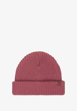Knit beanie in a dusty rose color, featuring a rolled cuff and textured pattern. Includes a small brown brand tag on the side.