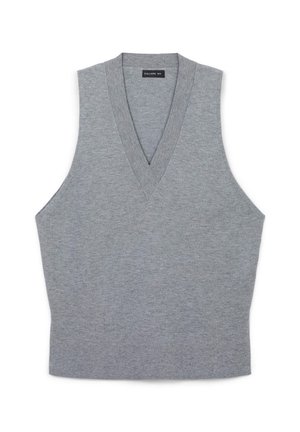 Grauer ärmelloser Pullunder mit V-Ausschnitt, aus weichem Stoff. Verfügt über eine lockere Passform und minimalistisches Design, ohne zusätzliche Muster oder Akzente.