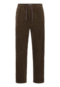 Brown corduroy pants featuring a ribbed texture, tapered legs, a drawstring waist, and subtle side pockets.