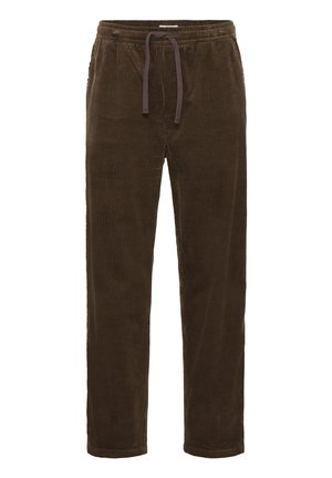 Brown corduroy pants featuring a ribbed texture, tapered legs, a drawstring waist, and subtle side pockets.