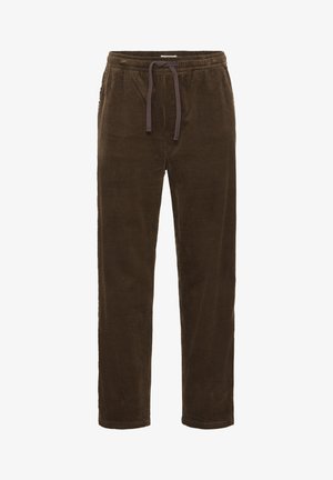 Brown corduroy pants featuring a ribbed texture, tapered legs, a drawstring waist, and subtle side pockets.