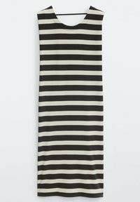 Zwarte en crèmekleurige gestreepte mouwloze jurk met een ronde halslijn, met een rechte snit en een zachte stoftextuur.