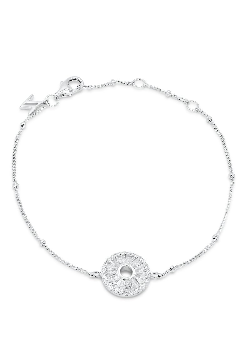 Silver bracelet featuring a circular centerpiece adorned with clear crystals, detailed with a textured chain and a lobster clasp.