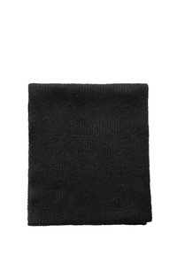 Sciarpa nera in maglia, forma rettangolare, superficie testurizzata con un motivo a coste, colore uniforme senza accenti o marcature aggiuntive.