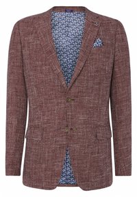 Blazer marrone strutturato con due bottoni, tasche laterali e una fodera interna blu a motivo. Dotato di un fazzoletto da taschino e di cuciture verdi a contrasto.