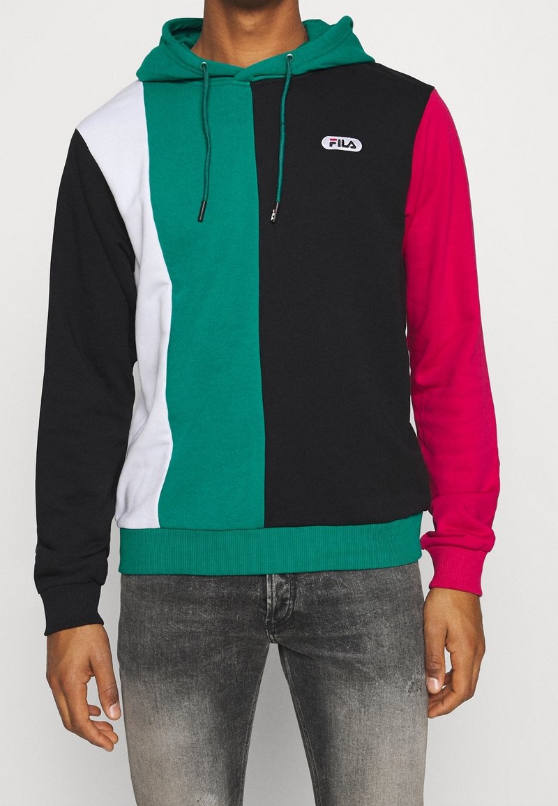 Sweat à capuche coloré avec un mélange de panneaux noirs, blancs, turquoise et roses ; doté d'une poche avant et d'une capuche ajustable avec cordons de serrage.