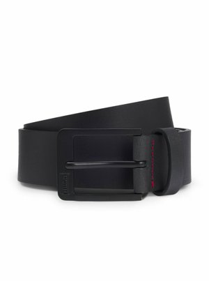 Black leather belt rolled with matte black rectangular buckle and a loop secured by red stitching.