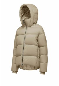 Beige pufferjack met een capuchon, voorzien van gestikte delen, een rits aan de voorkant en elastische manchetten. Gladde textuur en geïsoleerd ontwerp voor warmte.