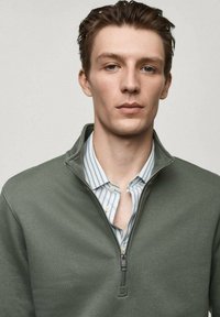 Sweatshirt verde a girocollo con zip, realizzato in cotone, caratterizzato da una superficie testurizzata, colletto alto e zip argentata. Indossato sopra una camicia a righe chiara.