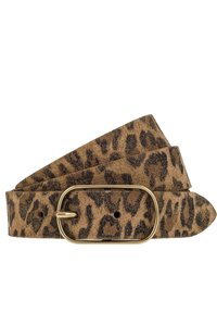 Leopardmuster-Gürtel aus Wildleder, mit einer rechteckigen Schnalle in Goldoptik und einer strukturierten Oberfläche. Verstellbar mit mehreren Löchern zur Größenanpassung.