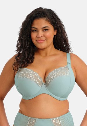 Hellblauer Bügel-BH mit Spitzenbesatz oben, mit strukturiertem Stoff, verstellbaren Trägern und Haken-Ösen-Verschluss auf der Rückseite.