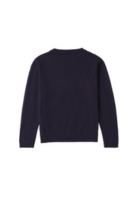 Dunkelblau gestrickter Pullover mit rundem Halsausschnitt und langen Ärmeln. Verfügt über ribbelte Bündchen und einen gerippten Saum, mit einer glatten, weichen Textur.