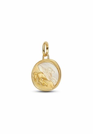 Goldfarbener Anhänger mit einem Reliefdesign eines mythischen Pferdes, auf einem Hintergrund aus Perlmutt und mit einer polierten, glatten Oberfläche.