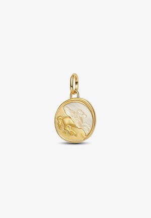 Ciondolo in tono oro con un design in rilievo di un cavallo mitologico, con uno sfondo in madreperla e una texture lucida e liscia.