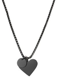 Zwart metalen ketting met twee hangers: een hart en een kleinere cirkel, beide slank en gepolijst, aan een segmentenketting.