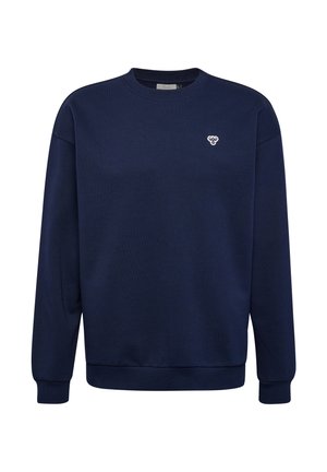 Dunkelblaues Longsleeve-Crewneck-Sweatshirt mit gerippten Bündchen und Saum, das ein kleines weißes Bienenlogo auf der linken Brust aufweist.
