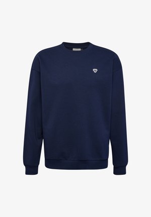 Mörkblå långärmad tröja med rund halsringning, med ribbade ärmslut och nederkant, prydd med en liten vit bi-logotyp på vänster bröst.