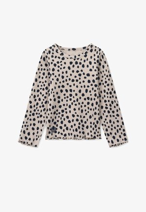 Hosszú ujjú felső világos bézs bordázott anyagból, sötét tengerészkék pöttyös mintával. Kerek nyakkivágással és hullámos szegéllyel rendelkezik. Kicsi logó részlet a szegélyén.