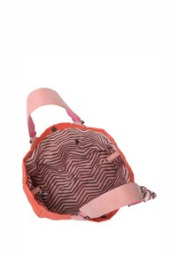 Orangefarbener Stoff-Umhängetaschen mit rosa Ledergriffen und einer rosa und schwarzen Zickzack-muster Innenauskleidung. Mit Metall-Druckknopfverschlüssen.