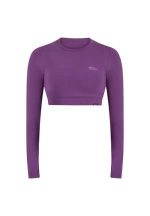 Top corto a maniche lunghe di colore viola, realizzato in tessuto elasticizzato. Presenta un collo rotondo e un sottile dettaglio con logo. Design elegante e aderente.