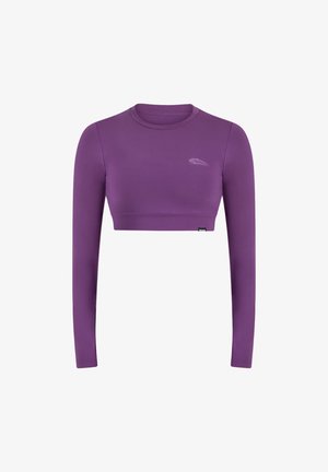 Top corto de manga larga en púrpura, fabricado en tejido elástico. Presenta un cuello redondo y un detallado logo discreto. Diseño elegante y ajustado.