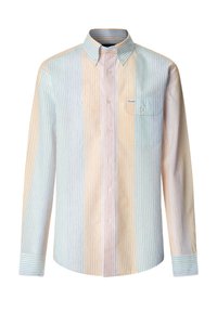 Chemise à manches longues à boutons avec des rayures pastel verticales en bleu, orange et rose, dotée d'une poche poitrine à boutons et d'un col.
