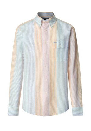 Langärmeliges Hemd mit Knöpfen und vertikalen Pastellstreifen in Blau, Orange und Pink, mit einer knopflosen Brusttasche und Kragen.