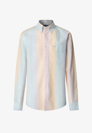Chemise à manches longues à boutons avec des rayures pastel verticales en bleu, orange et rose, dotée d'une poche poitrine à boutons et d'un col.