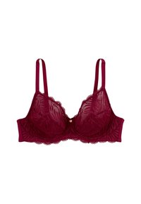 Soutien-gorge en dentelle bourgogne avec armature, bords festonnés, bretelles réglables et un petit accent métallique au centre. Dos en satin doux.