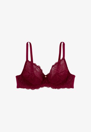 Soutien-gorge en dentelle bourgogne avec armature, bords festonnés, bretelles réglables et un petit accent métallique au centre. Dos en satin doux.