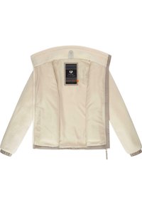Licht beige fleece jack met een gladde binnenvoering, elastische manchetten en een gemusterd label op de achterkant. Ritsclosure.