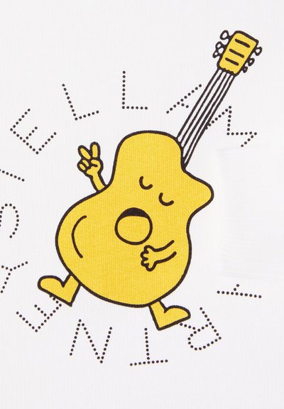 Guitare jaune de dessin animé avec des bras, des jambes et les yeux fermés faisant un signe de paix et un pouce levé, entourée de texte en pointillés.