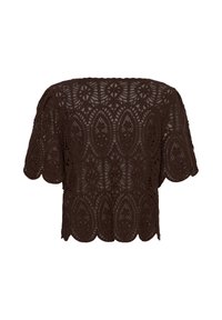 Top court à manches courtes en dentelle marron foncé avec des motifs floraux et géométriques complexes et des bords festonnés aux manches et à l'ourlet.