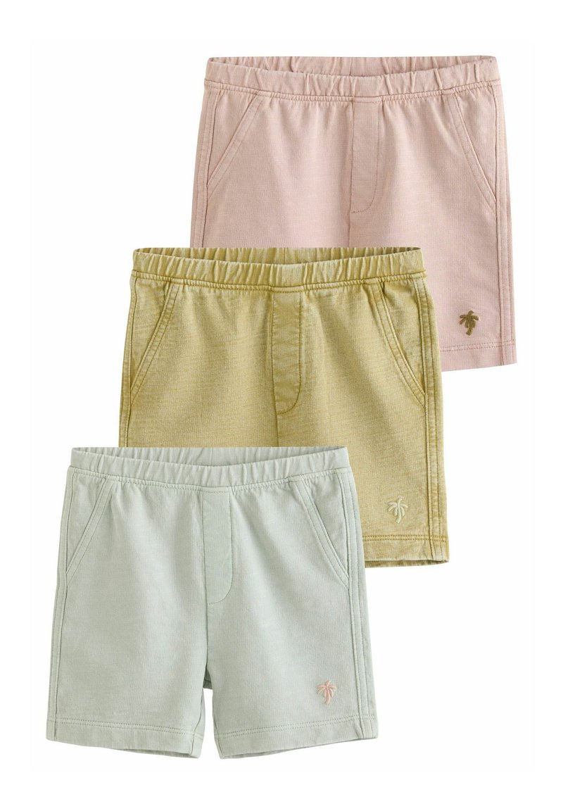 Drei Paar Shorts mit elastischem Bund in Pink, Gelb und Hellgrün. Jedes Paar verfügt über seitliche Taschen und eine kleine Palme-Stickerei.