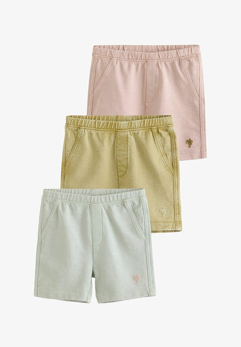 Drei Paar Shorts mit elastischem Bund in Pink, Gelb und Hellgrün. Jedes Paar verfügt über seitliche Taschen und eine kleine Palme-Stickerei.