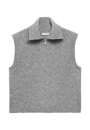 Gilet en tricot sans manches gris avec un col zippé moitié et des emmanchures et un ourlet côtelés.