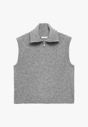 Sivi brez rukava pleteni prsluk sa ovratnikom na pola munje i rebrastim otvorima za ruke i rubom.