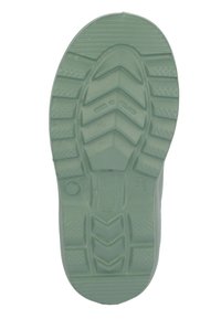 Semelle de chaussure en caoutchouc vert avec un motif texturé en chevrons ; comprend une zone lisse et des marquages pour la taille et le pays de fabrication.