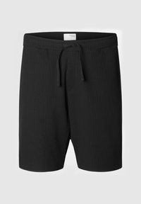 Fekete rövidnadrág texturált, bordás anyagból. Rugalmas derékkal és húzózsinórral készült. Oldalsó zsebekkel rendelkezik.