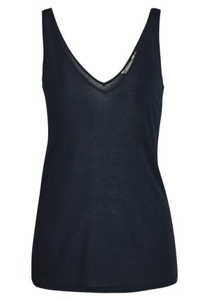 Sort ærmeløs V-hals top med tætsiddende pasform, letvægtsstof og en lille synlig mærkeetiket indvendigt nær halsudskæringen.