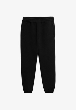 Sorte bomulds sweatpants med elastisk talje, tætsiddende manschetter og to sidelommer. Har en glat tekstur og et minimalistisk design.