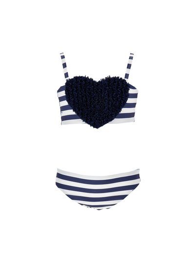 Marine- og hvide stribede bikini med bandeau-top, der har en tekstureret hjerteformet flæse og justerbare skulderstropper.