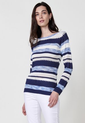 Suéter de punto con rayas horizontales en azul marino, azul claro y blanco. Cuello redondo, mangas largas y textura estampada con detalles de tejido abierto.