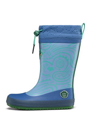 Blue and green children's rain boot with abstract patterns, adjustable top cuff with drawstring, and green logo patch on heel.