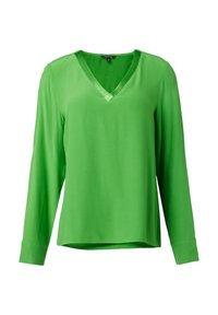 Green long-sleeve blouse with a V-neckline, featuring a smooth texture and a relaxed fit. Subtle shine along the neckline adds detail.