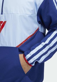 Pull-over bleu et bleu clair avec un col haut, accents rouges et rayures blanches sur les manches. Comprend une poche frontale et un texte sur l'ourlet.