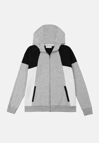Grijze zip-up hoodie met zwart-witte kleurblokaccenten. Voorzien van een capuchon, zakken aan de voorkant en een zachte, gestructureerde stof.