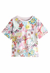 T-shirt med kort ärm i mjukt tyg, med en pastellbakgrund prydd med färgglada klottter av blommor, stjärnor och leende ansikten.